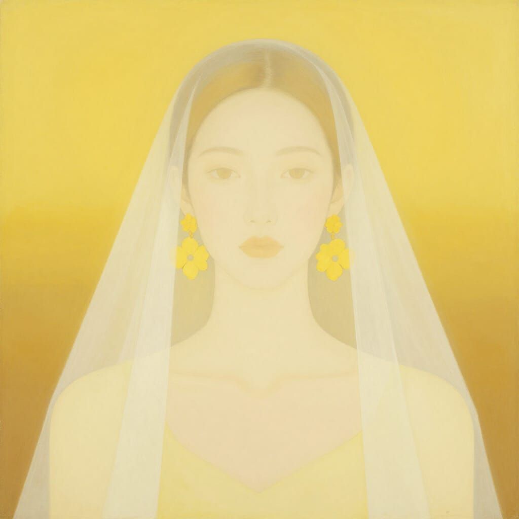 Minimalist Portrait of a Woman with Veil and Floral Earrings