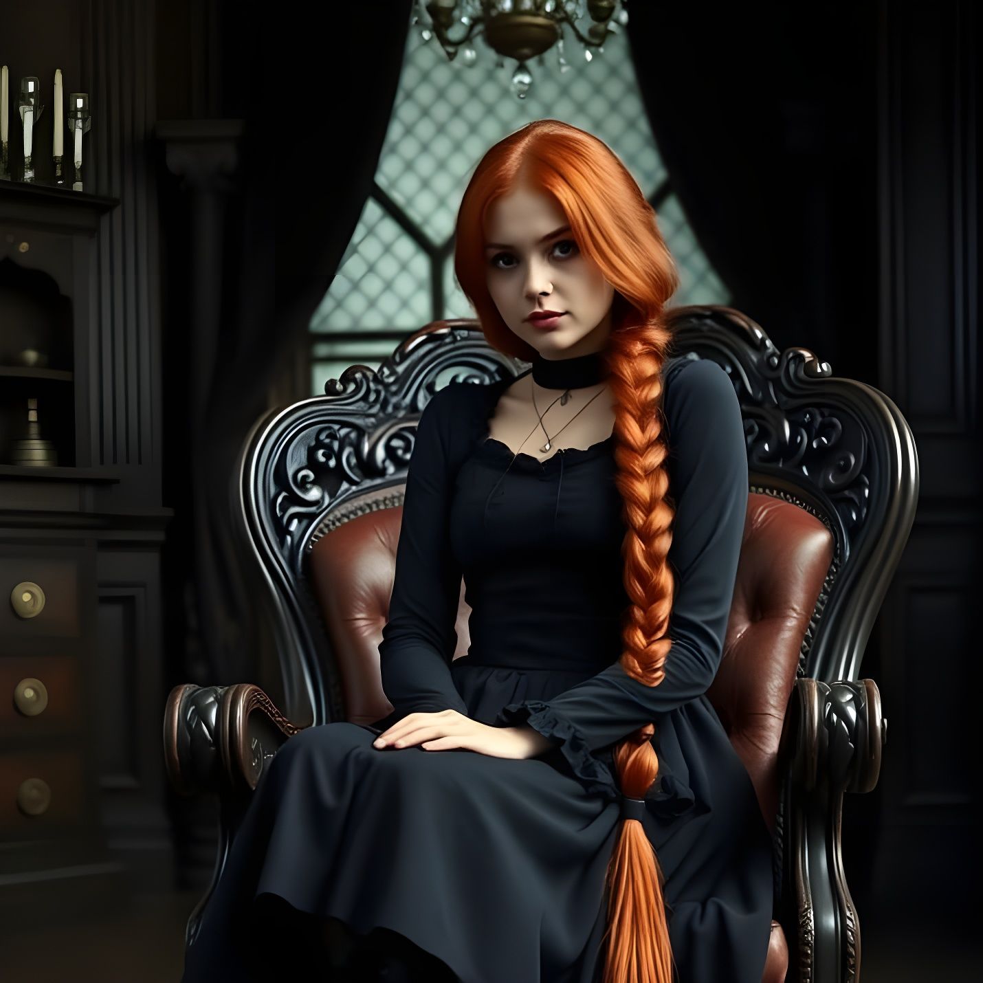 Gothic Girl with Red Braid in Victorian Setting