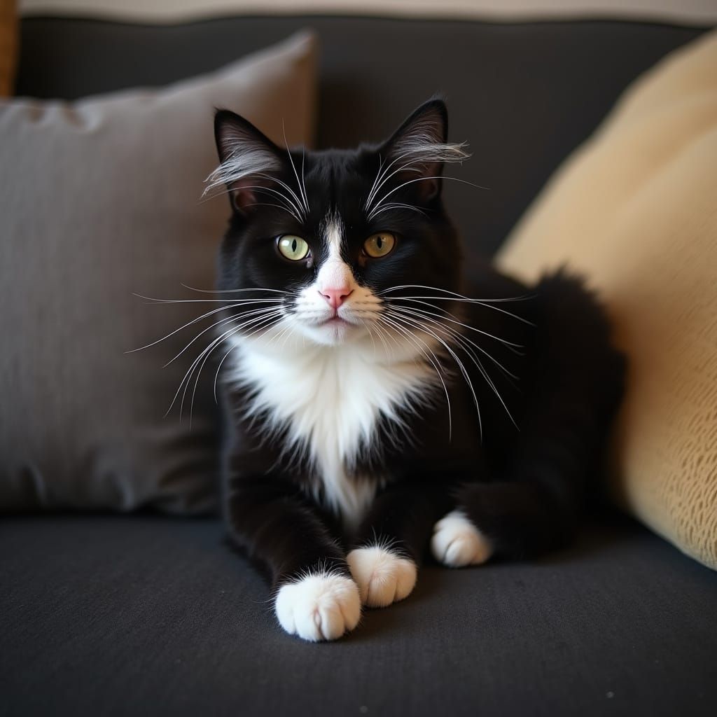 Tuxedo Cat Loaf on Velvet Couch