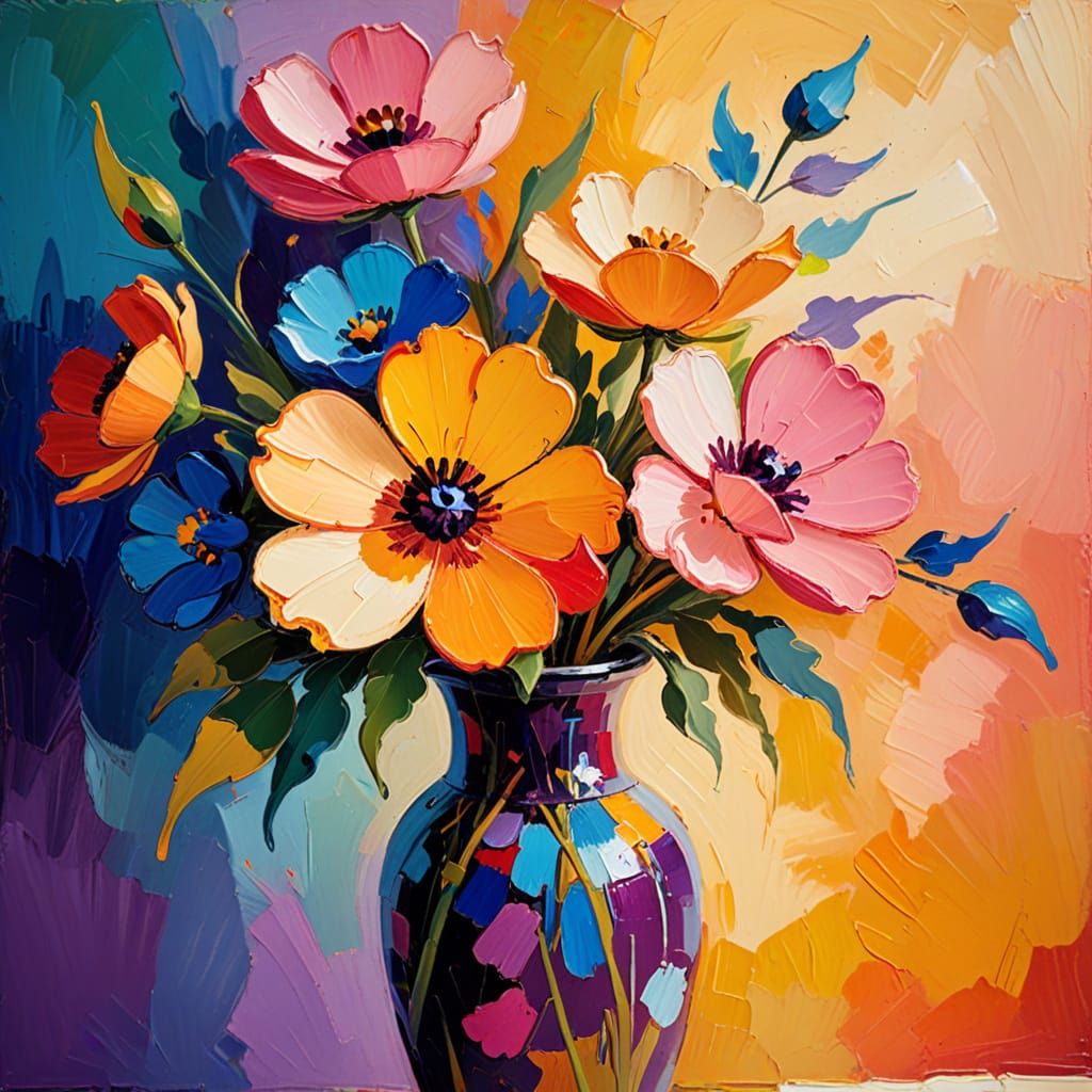 Vibrant Fauvist Flowers in Vase Oil Painting