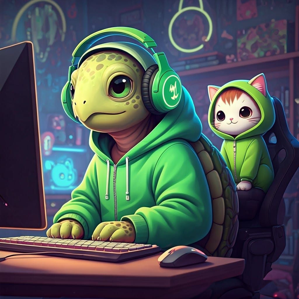 Kawaii Turtle and Cat Gamers in Pastel 3D Render