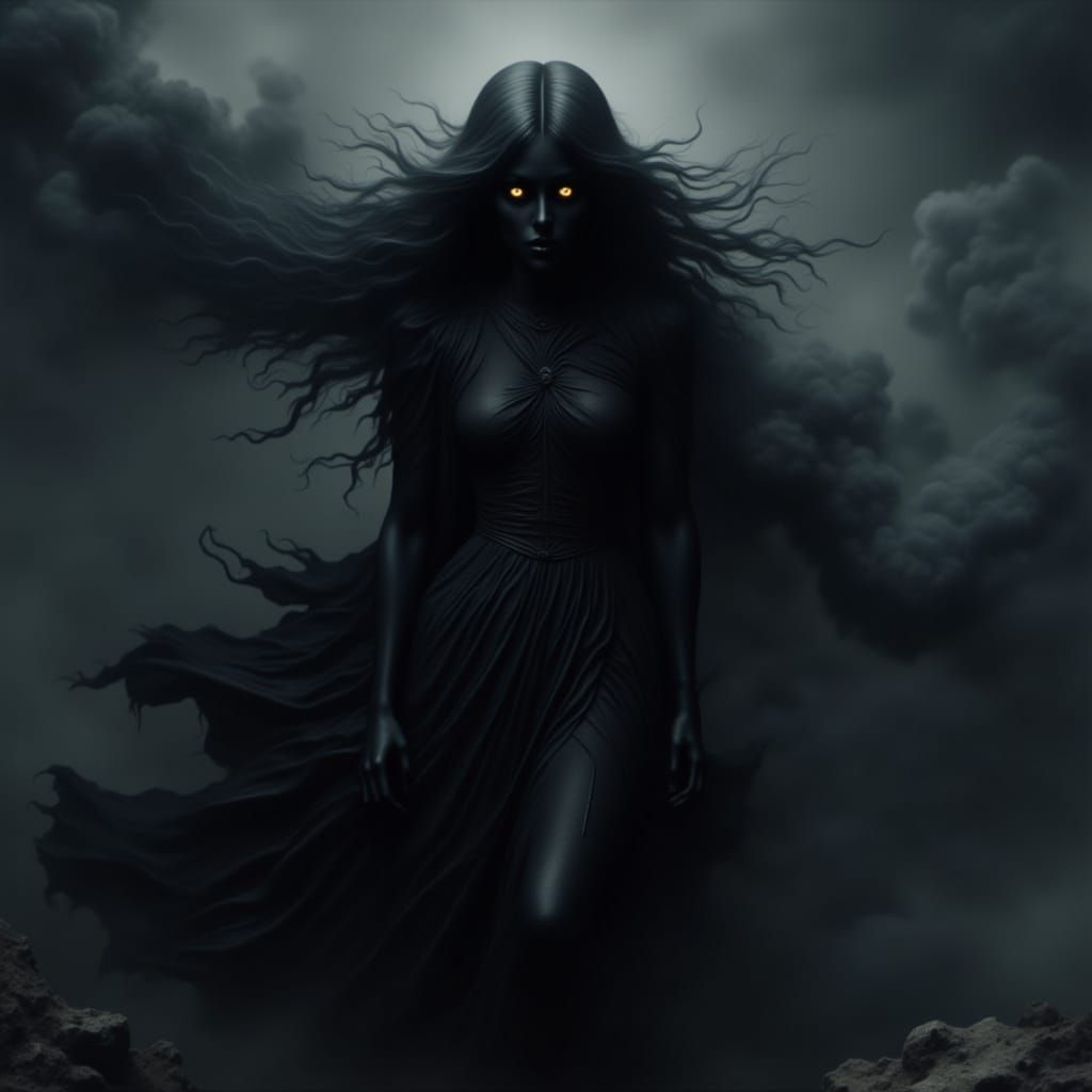 Ethereal Goddess Emerges from Shadowy Smoke in Fiery Glow