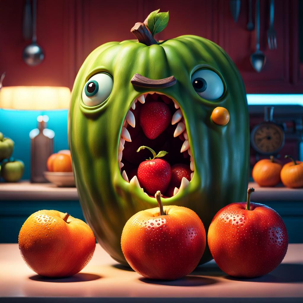 A fruit zombie in a kitchen