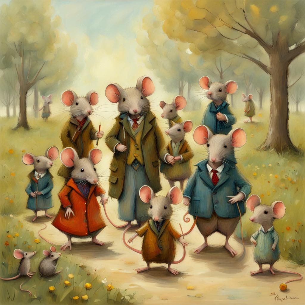 Mice Family Outing in Folk Art Style