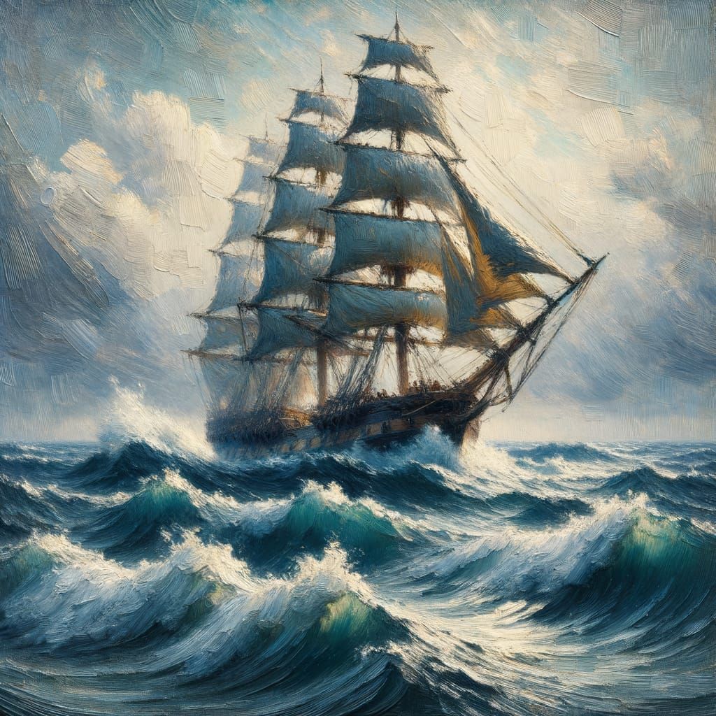 Impressionistic Oil Painting of a Classic Wooden Ship at Sea