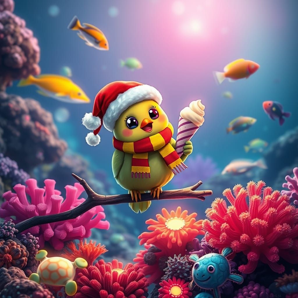 Festive Kiwi Bird in Coral Reef, Neon Art
