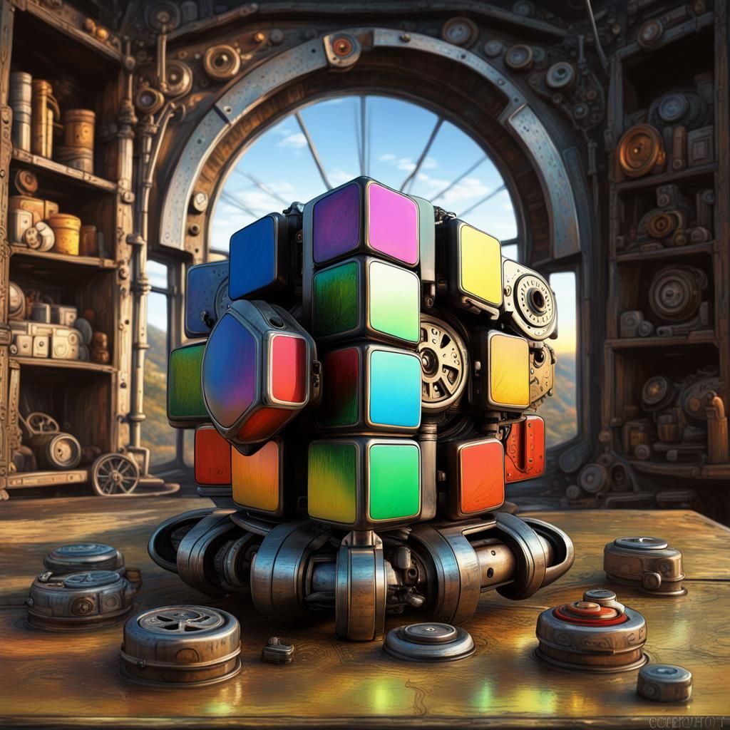 Chromatic Twist: The Mesmerizing Marvel of a Colorful Metallic Rubik's Cube bathed in the Glow of an Arched Window