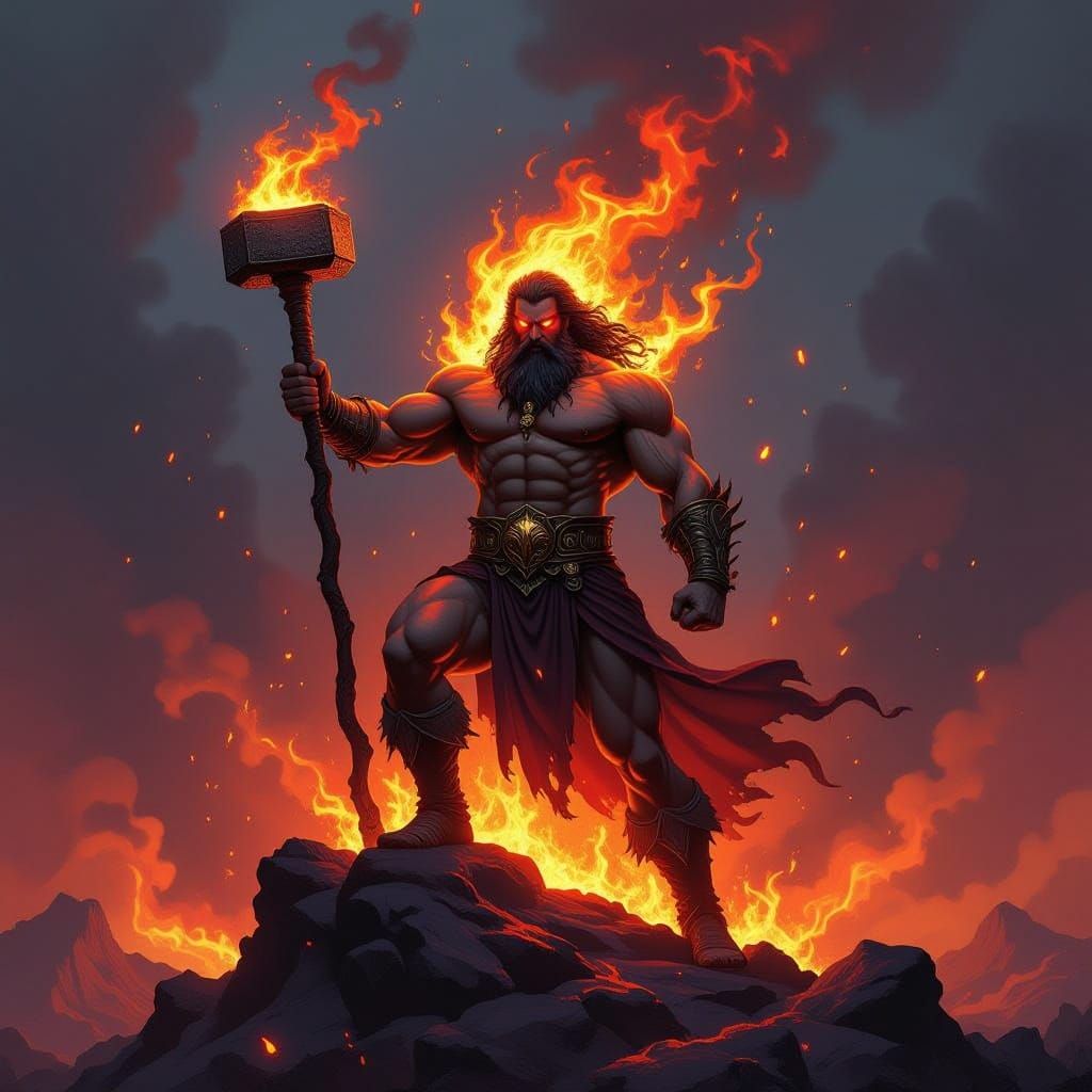 God of Fire on Volcanic Peak in Dark Fantasy Style