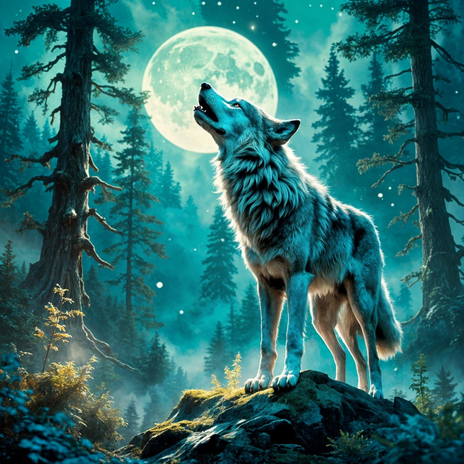 Fantasy Wolves Howling Beneath the Moon