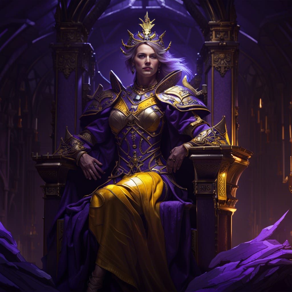 Queen in armor sitting on her royal throne.
