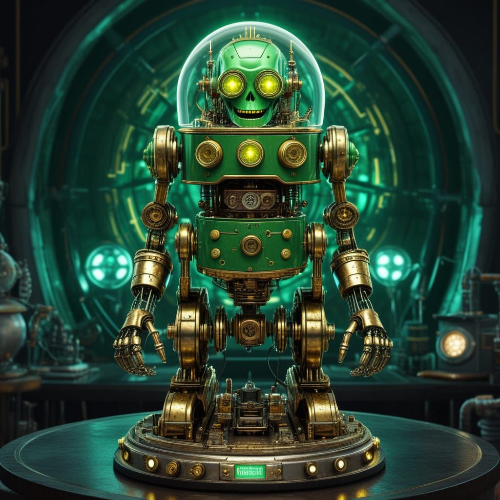 Retro Sci-Fi Cyborg Mastermind in Chrome Android Form