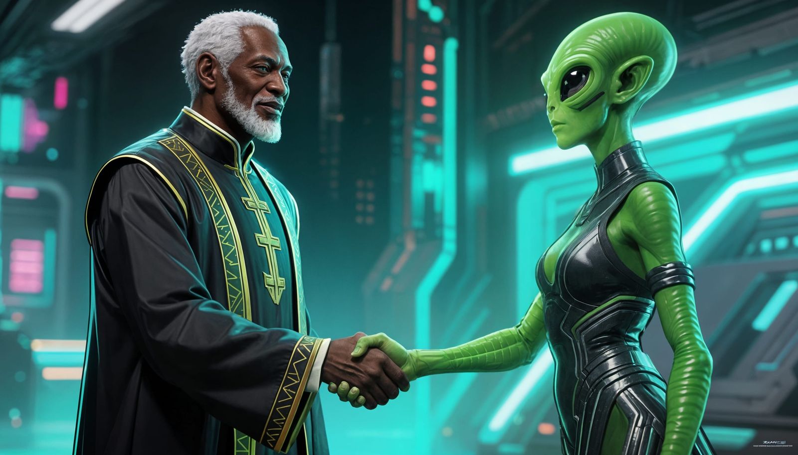 Futuristic Sci-Fi Diplomatic Handshake in Neon Glow