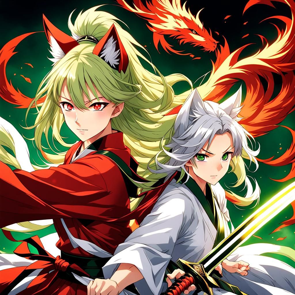 Kitsune Girl vs Man Sword Fight in Anime Style