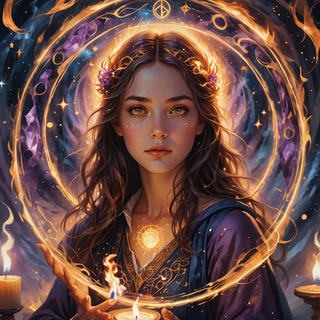 Mystical Woman Protected by Enchanted Flames: Surreal Close-...