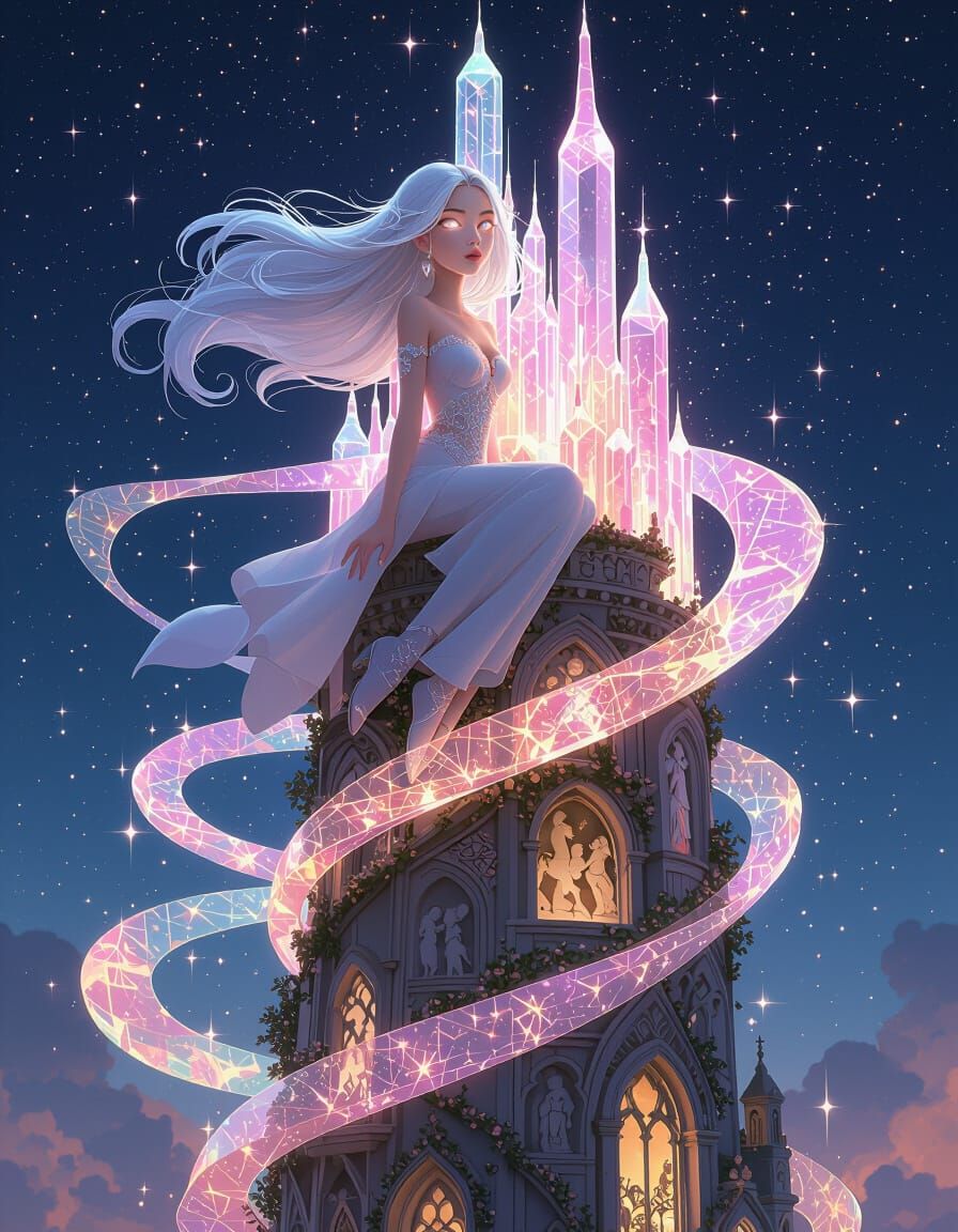 Ethereal Woman on Dream Tower in Cinematic Illustration