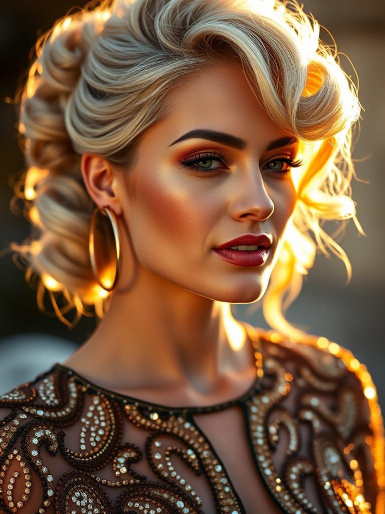 Glamorous Woman in Warm, Sun-Kissed Glow, Old Hollywood-Insp...