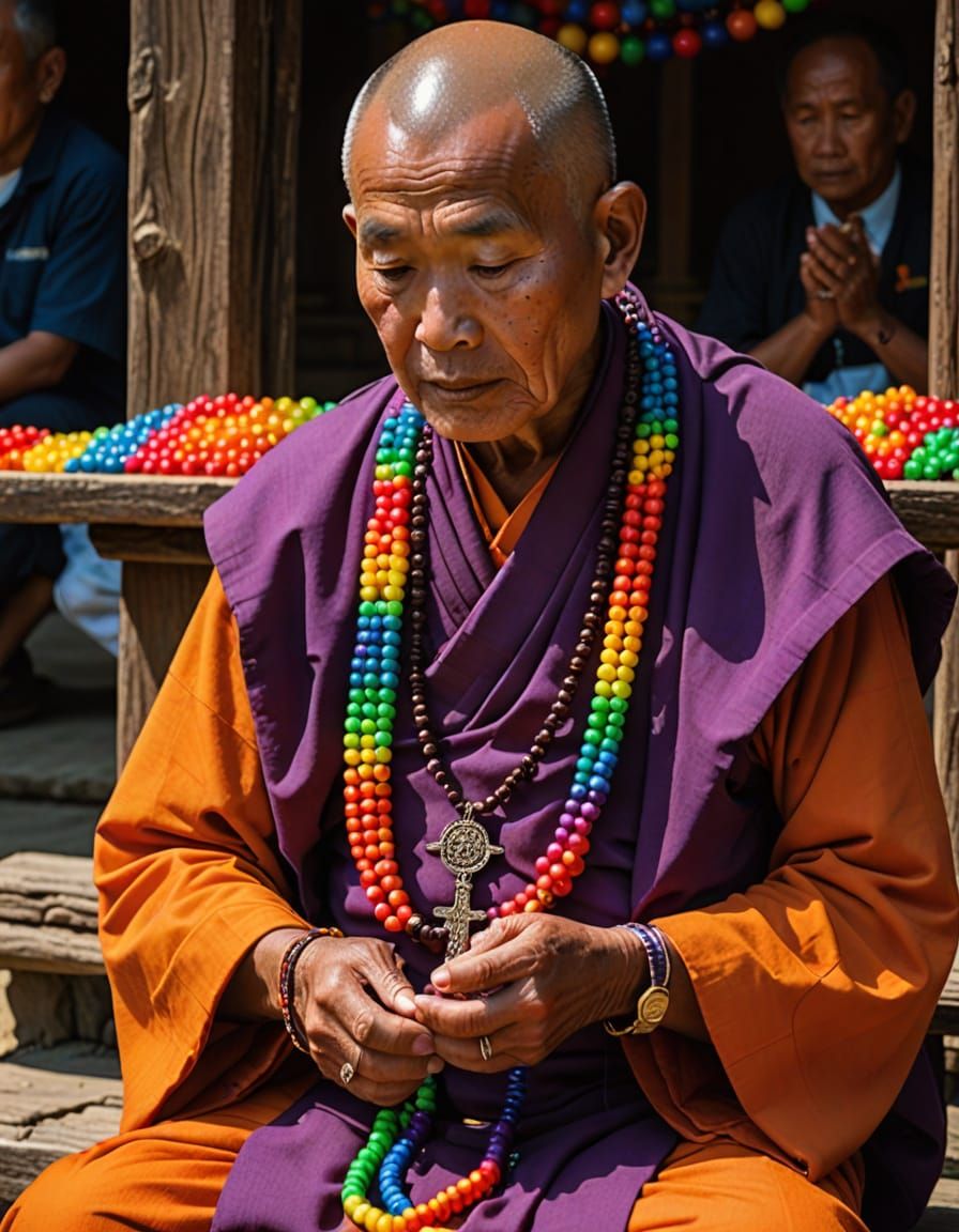 Buddhist Monk with Fluorescent Rainbow Rosary Beads