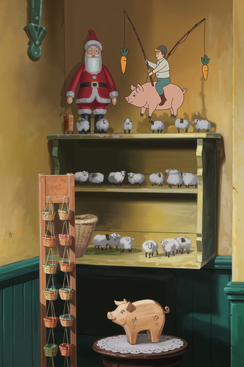 Rustic Room with Sheep Figurines and Folk Art