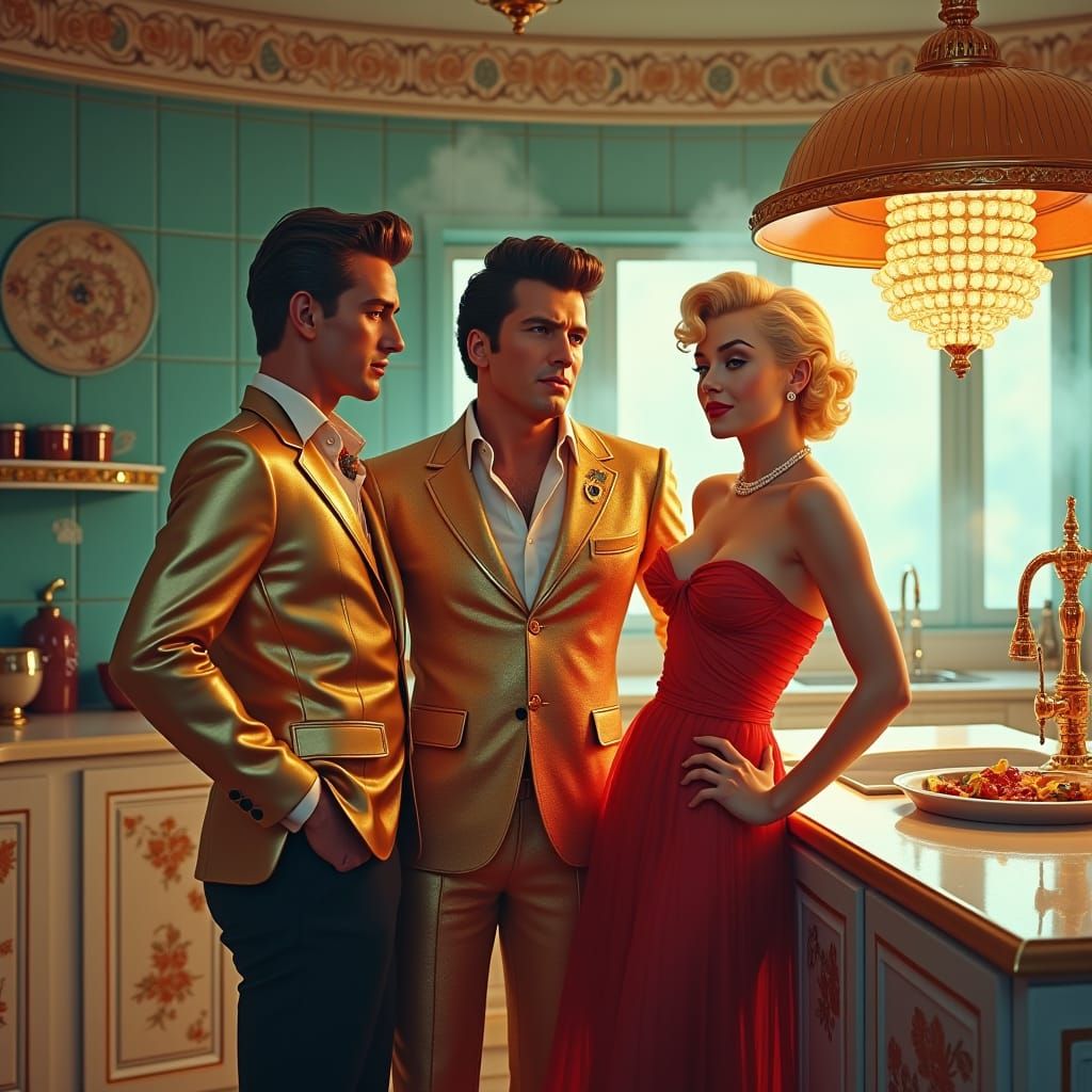 James Dean, Elvis, and Marilyn in Dreamlike Kitchen