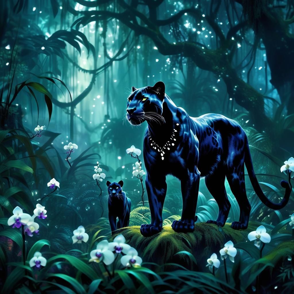Black Panther Family in a Misty Dreamscape