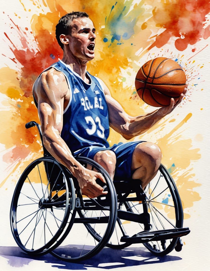 Paralympic Athlete Throws Basketball: Watercolour Expression...