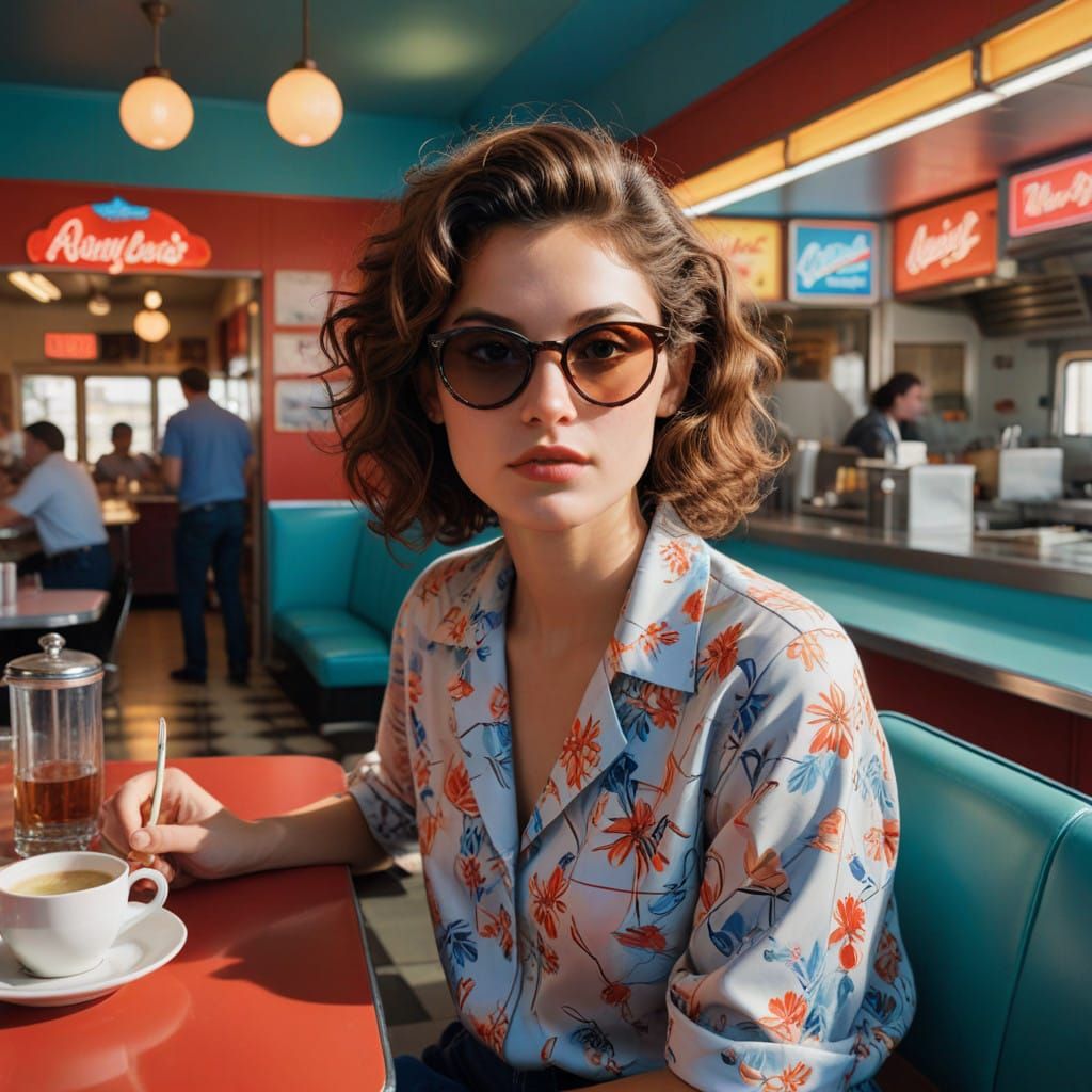 Sleek Woman Enters Retro American Diner in Style