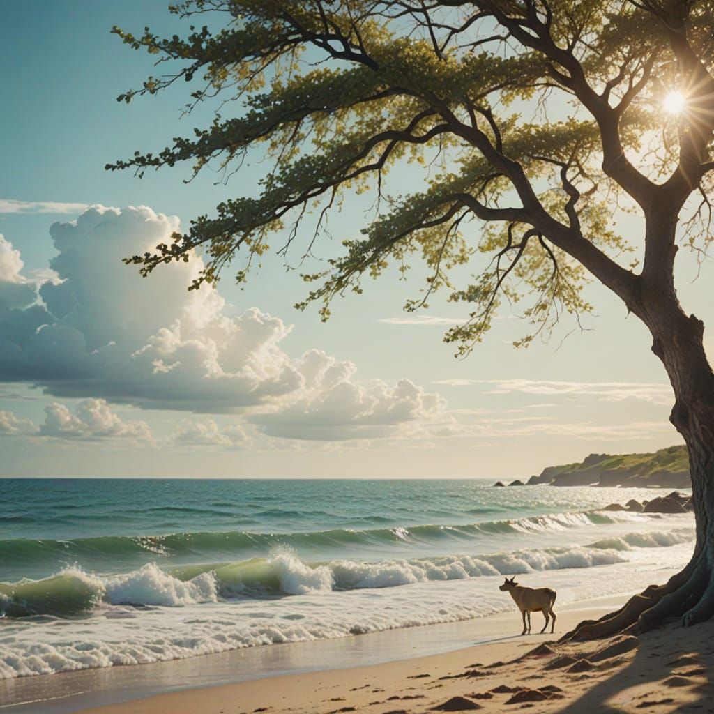 Woman Stands in Serene Beach Scene with Newborn Calf in Tree