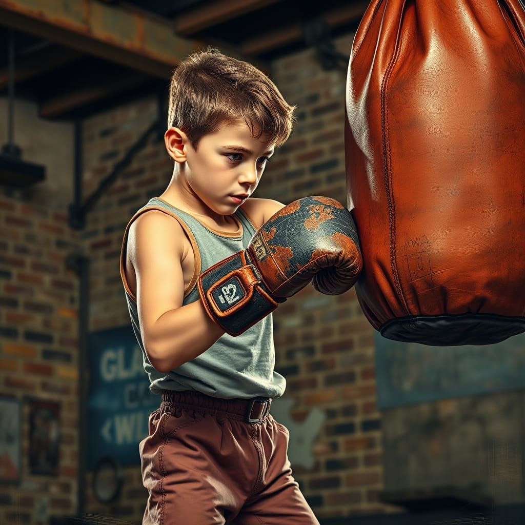 Determined Boy Pounds Boxing Bag in Urban Gym