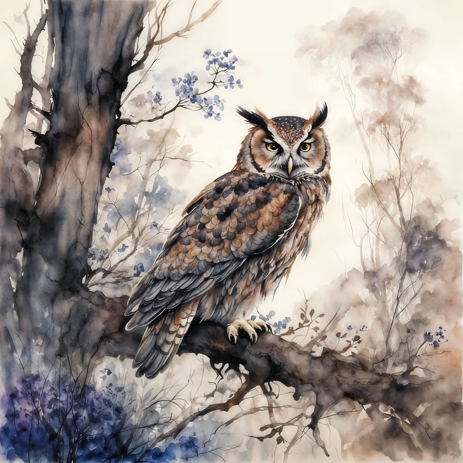 Brown Owl in Misty Forest Twilight, Watercolor Ink Painting