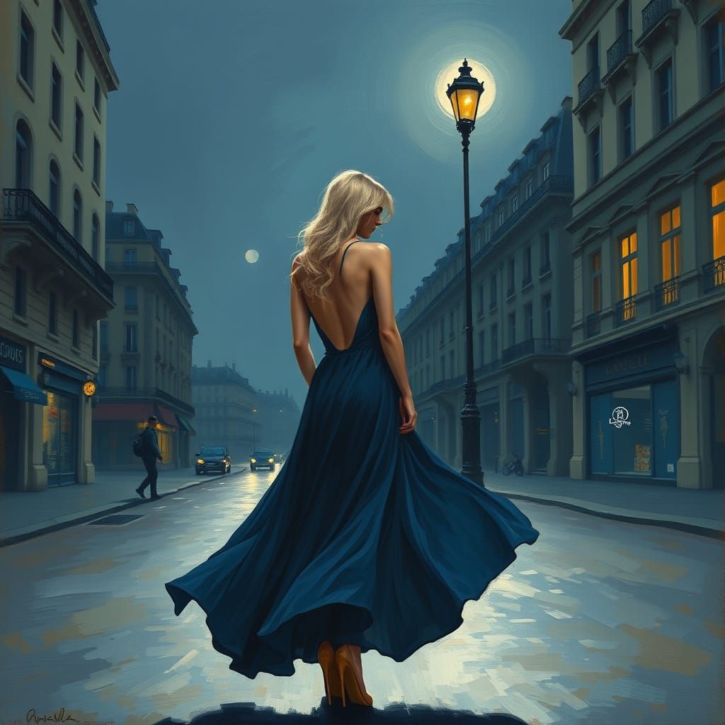 Woman in Blue Sarafan on Moonlit Parisian Street