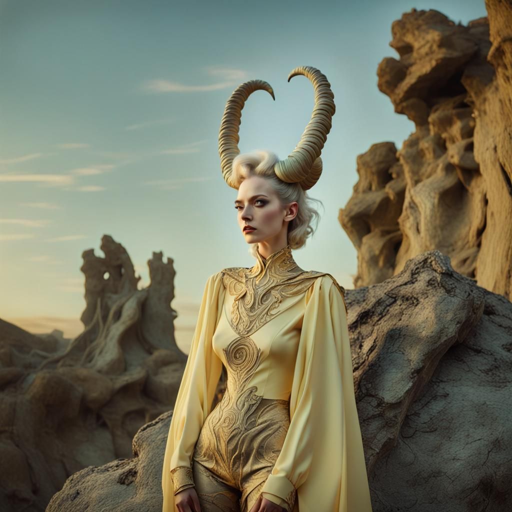 a surreal portrait of an alien female, she has long ram horn...