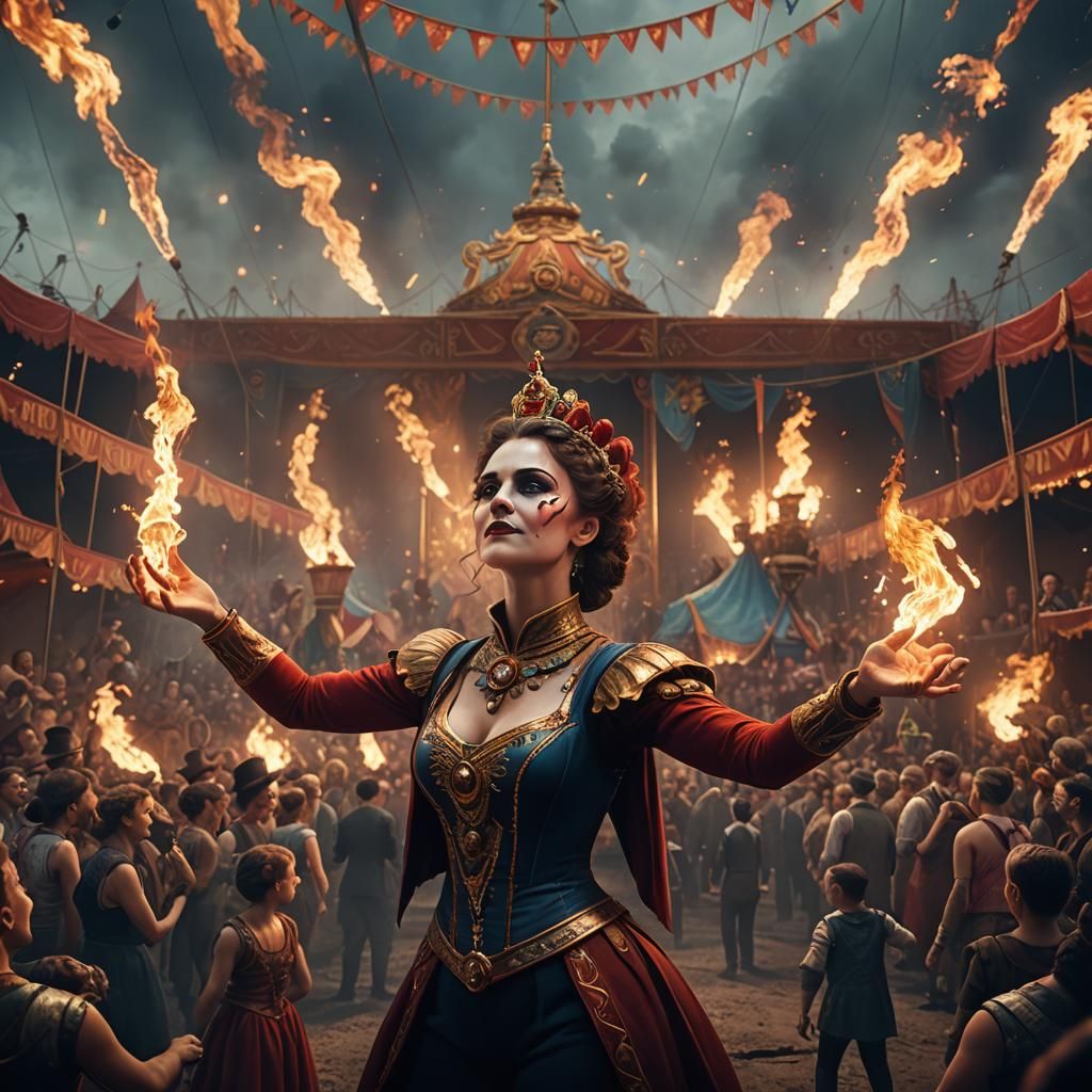 Circus Performer Breathes Fire in Detailed Digital Art