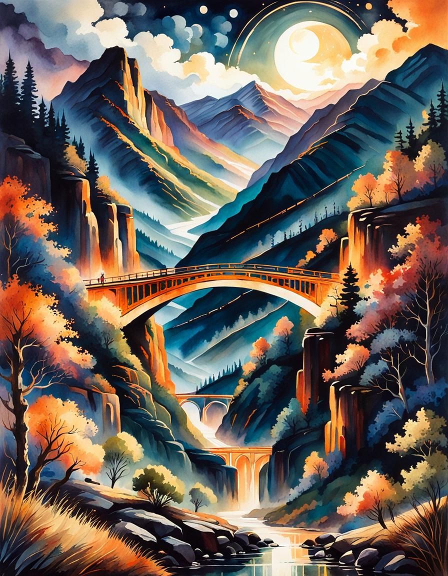 Moonlit Bridge Over Valley in Watercolor Style