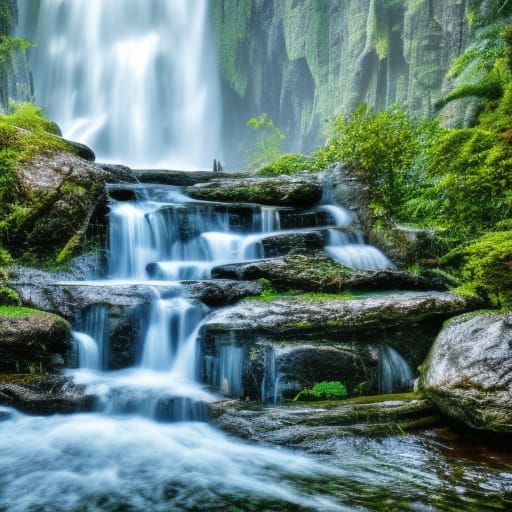 Hyperrealistic Glass Teapot Landscape with Majestic Waterfal...