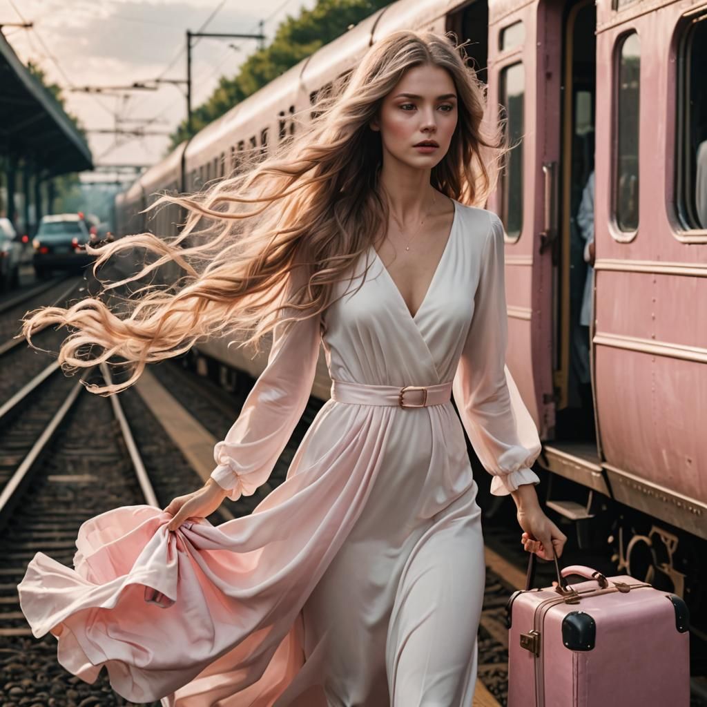 Woman Arriving by Train with Pink Suitcase