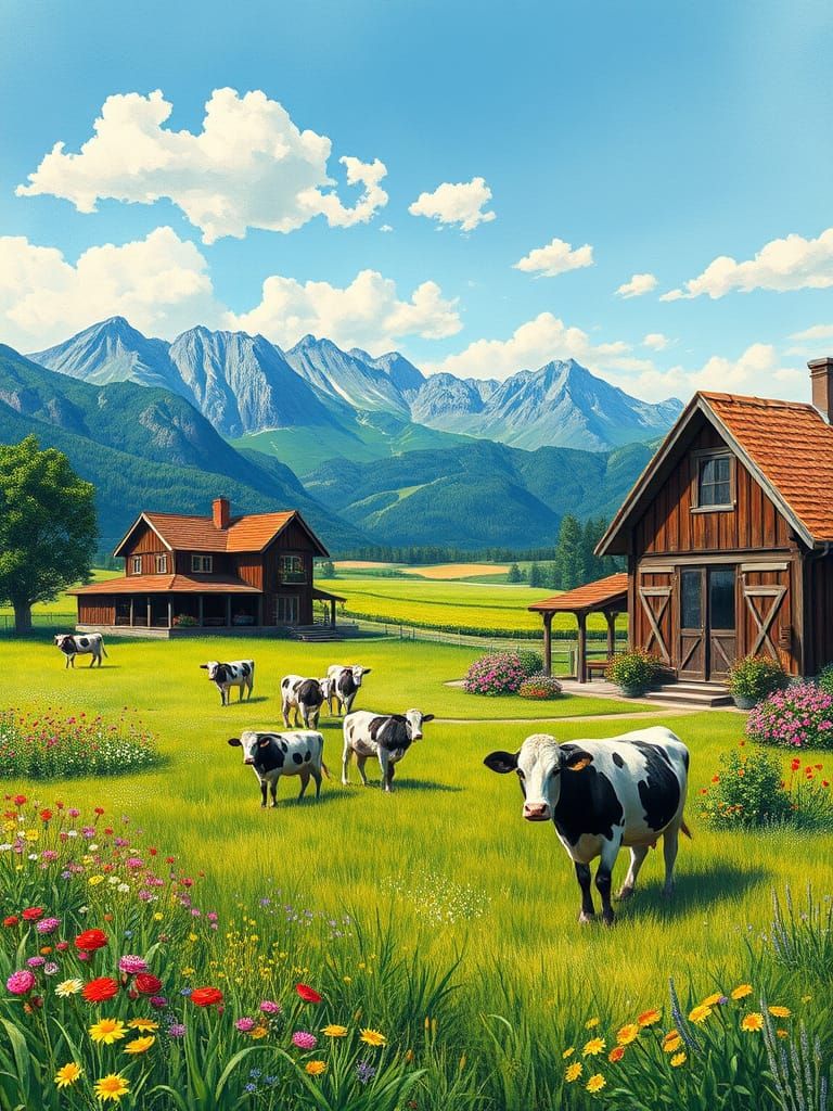 Idyllic Dairy Farm Landscape in Vibrant Colors