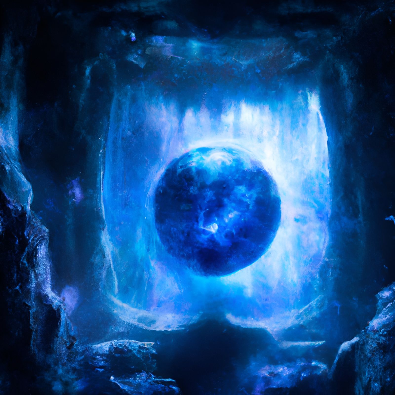 Mystical Orb in Cave with Blue Aura