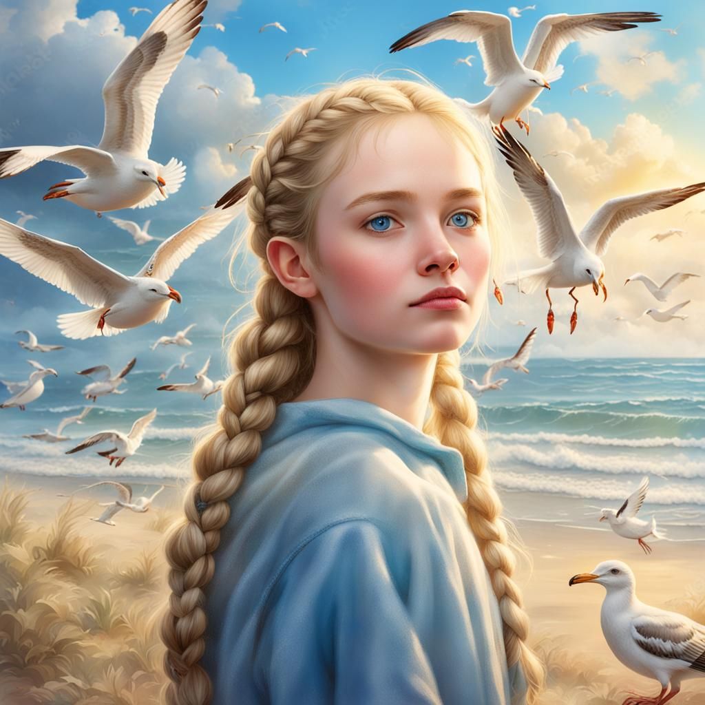 Teenage Girl on Beach with Crabs and Seagulls