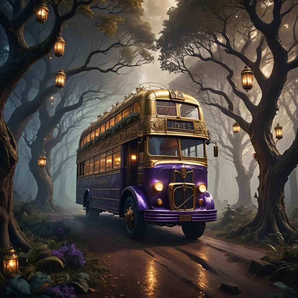 Mystical Forest Bus in Fantasy Matte Painting Style