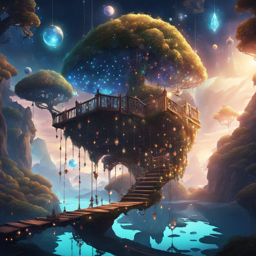 Enchanted Crystal Stairway to Floating Island, Surreal Art