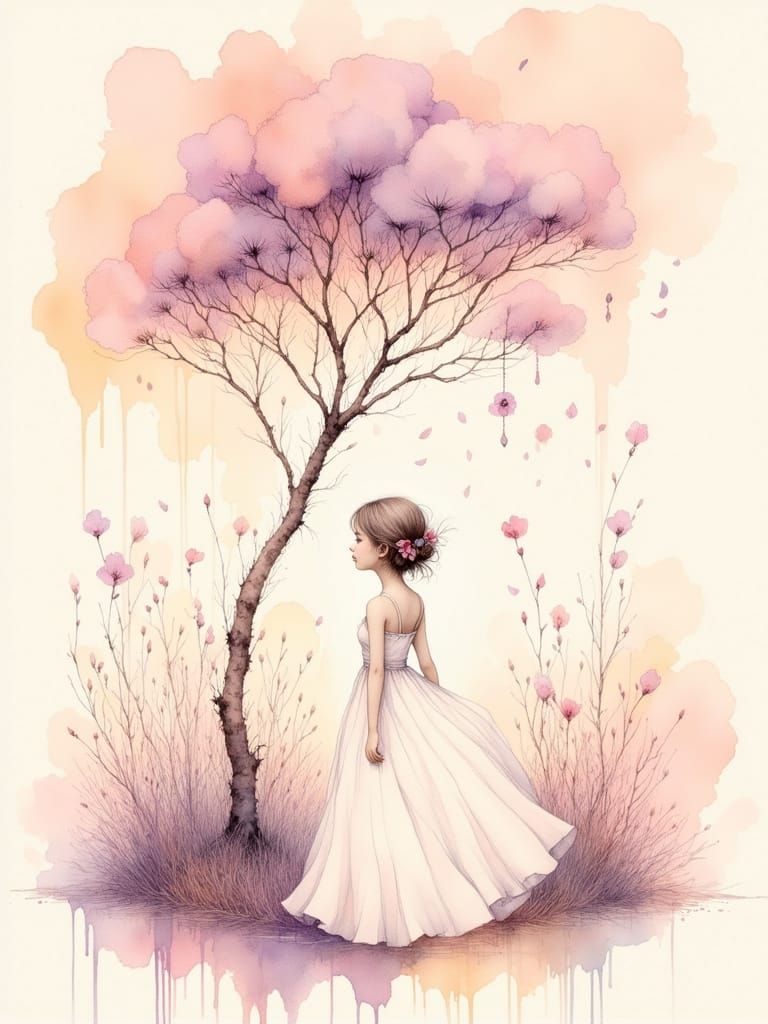 Pastel Dream: Serene Figure by Majestic Tree