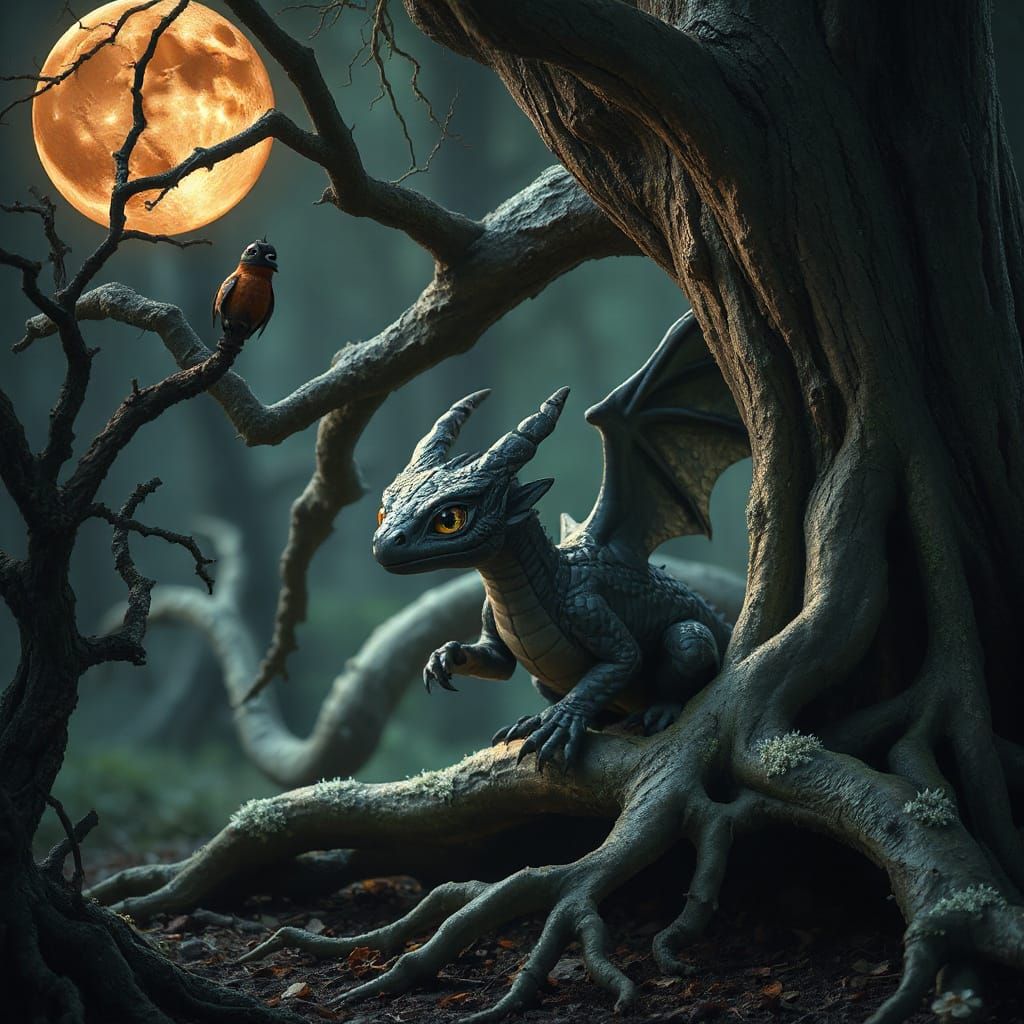 Baby Dragon Emerges in Dark Magical Forest