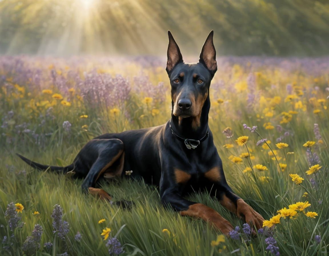 Doberman in a Vibrant Floral Landscape