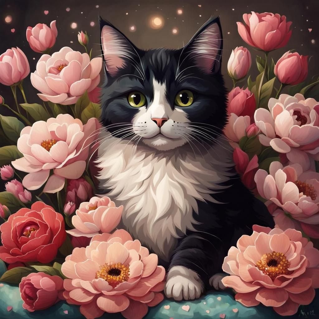 Cute Cat Surrounded by Flowers and Heart Lights