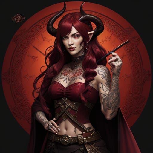 Red-Skinned Tiefling with Burgundy Hair and Spade Tail