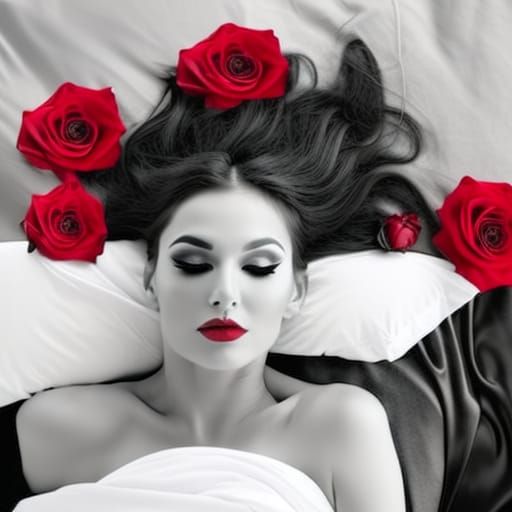 Mysterious Woman in Luxurious Bed with Rose Magic