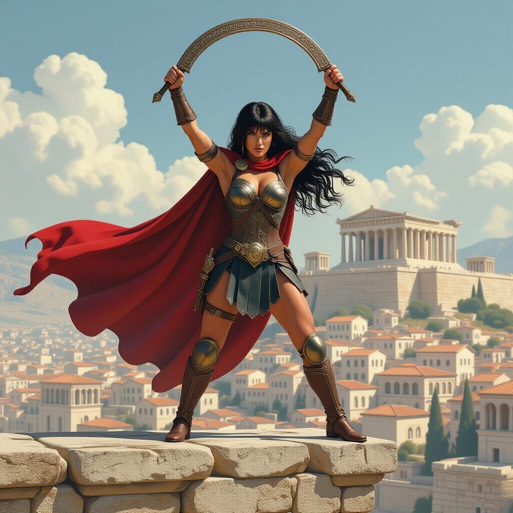 Heroic Xena on Ledge with Chakram, Cinematic Lighting