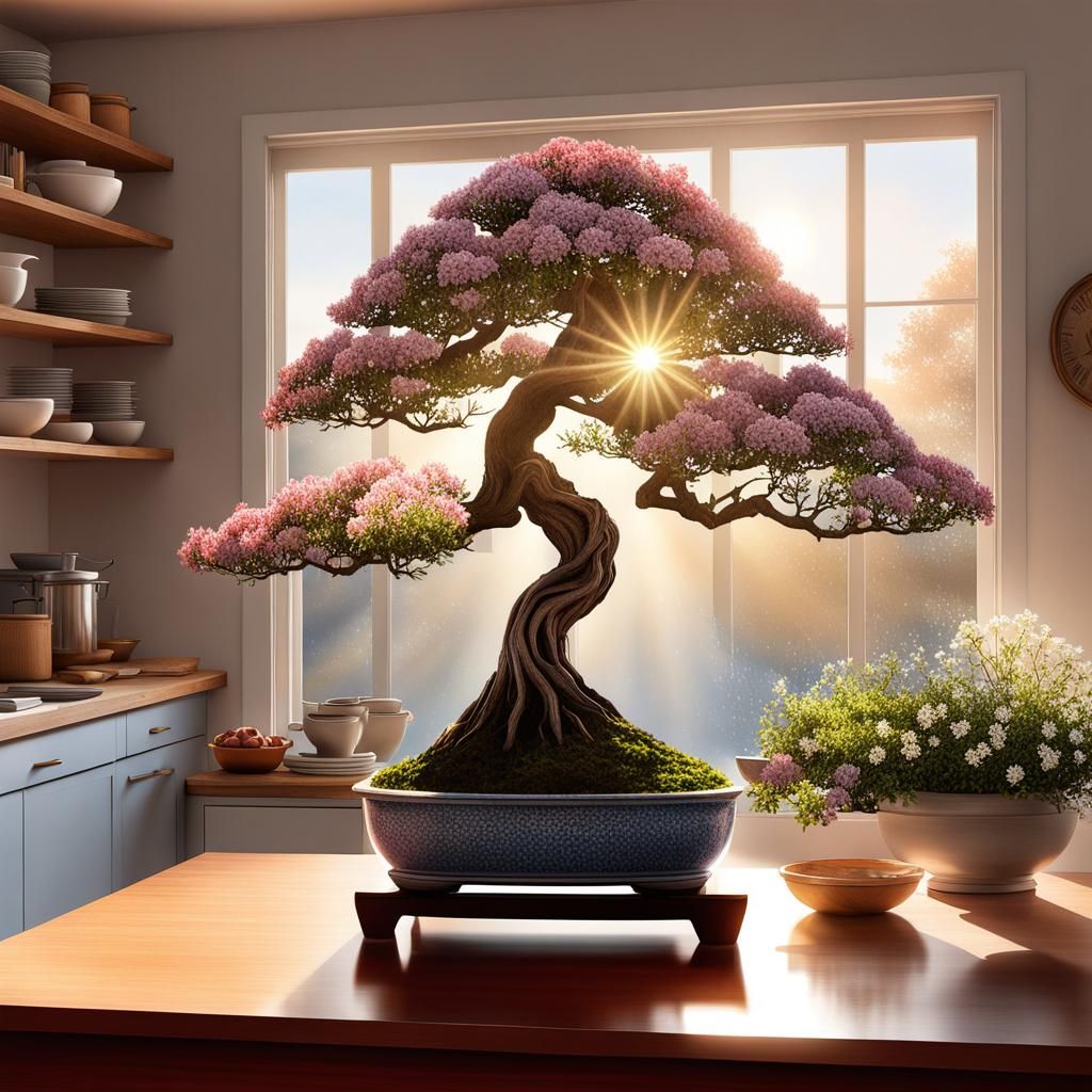 Bonsai and Flowers in Kitchen, Color Pencil Drawing