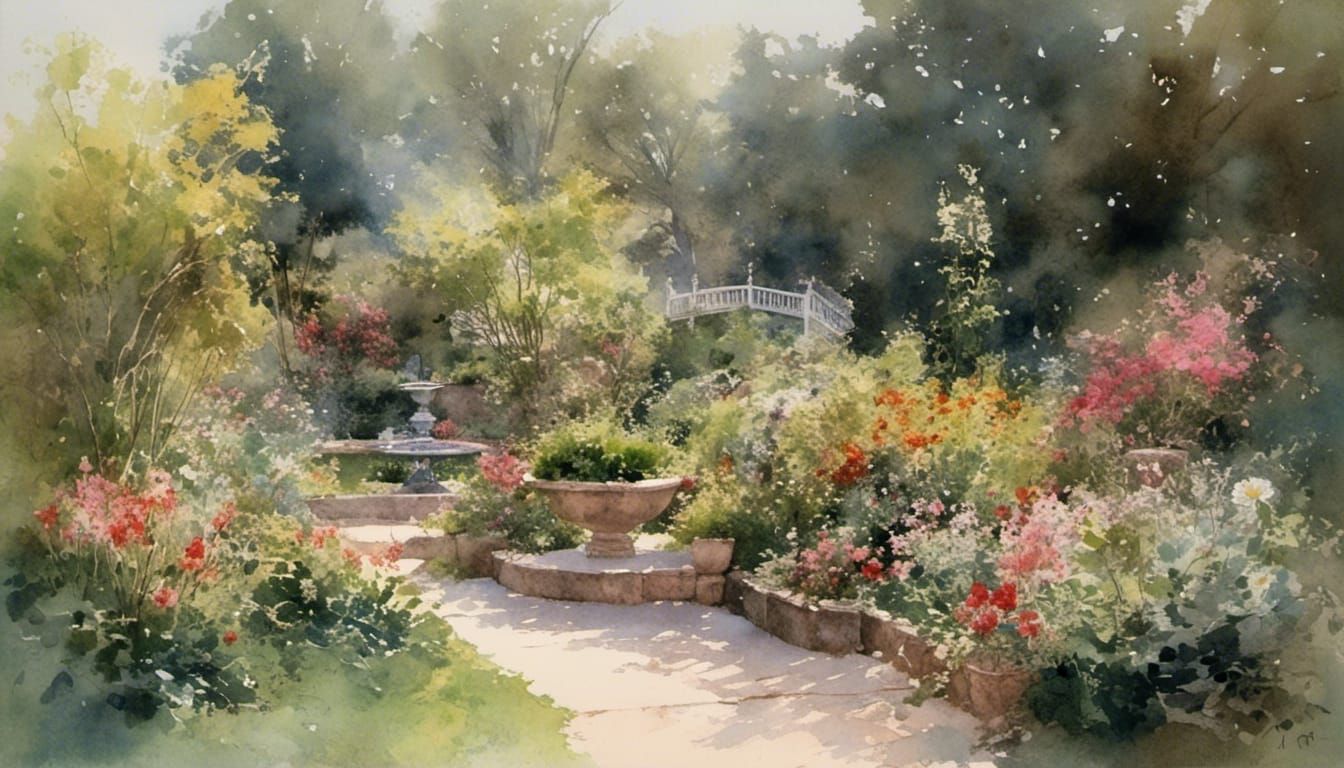 Tranquil Garden Watercolor Portrait with Flowers and Birds