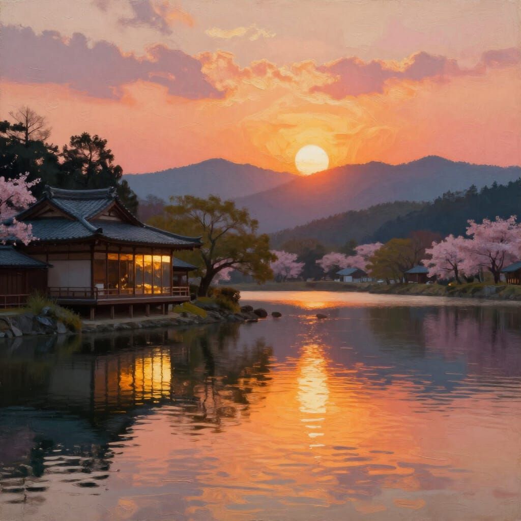Breathtaking Japanese Landscape at Sunset, Oil Painting Styl...
